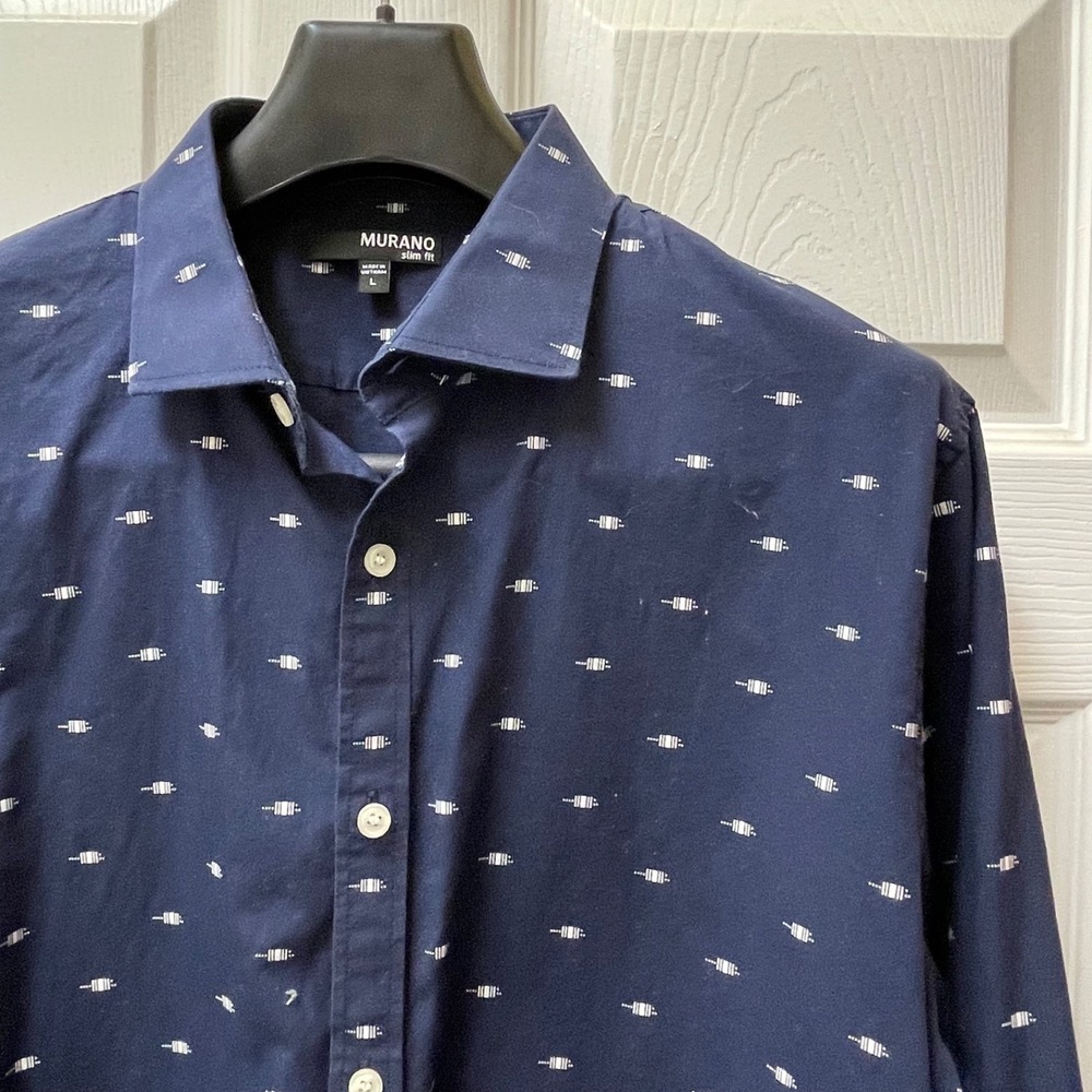 Murano Men's Sz Large Navy Geometric Graphic Print Button Up Shirt Slim Fit